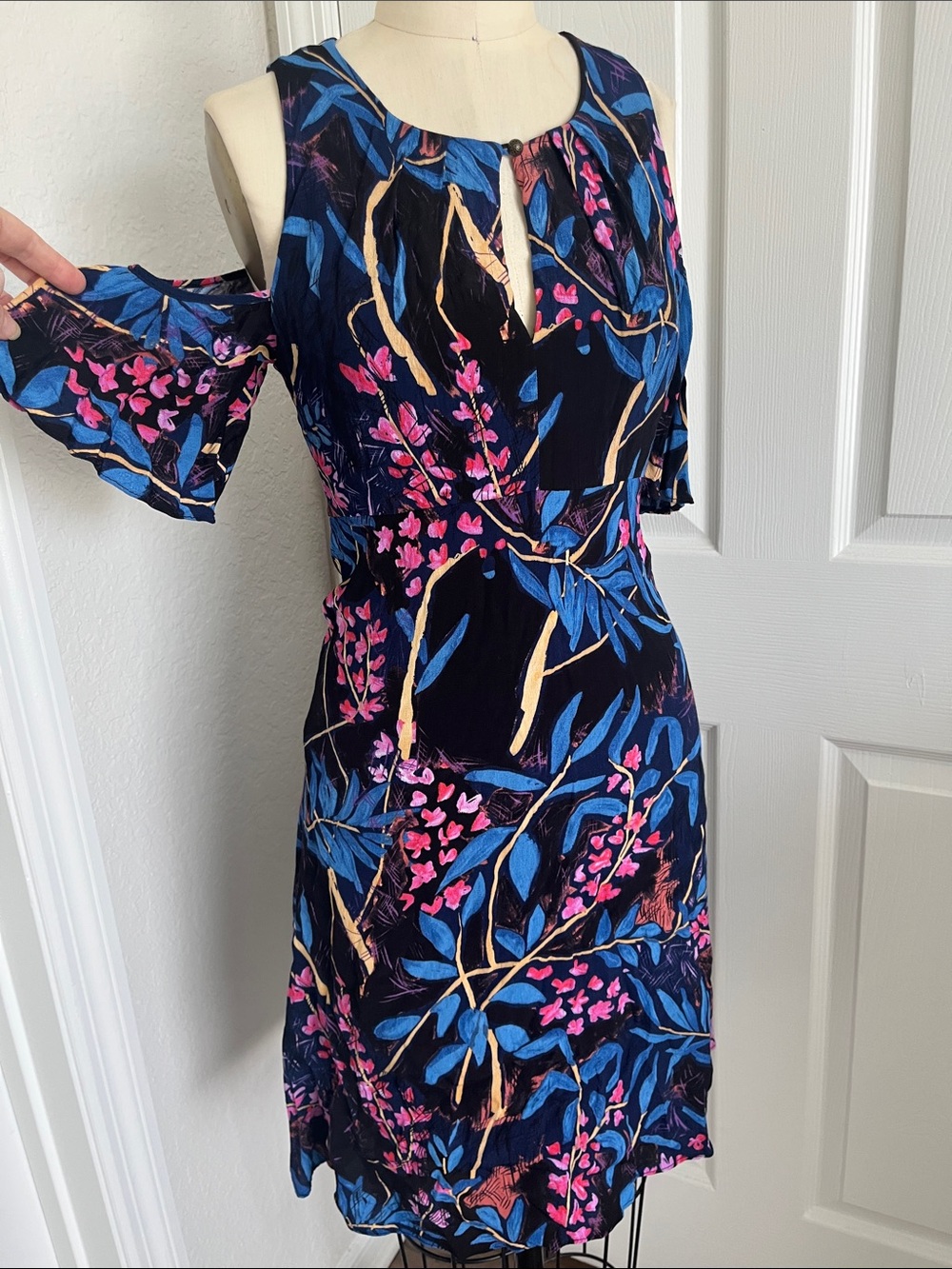 Maeve Navy and Pink Garden Floral Midi Dress with peekaboo shoulders Flowy